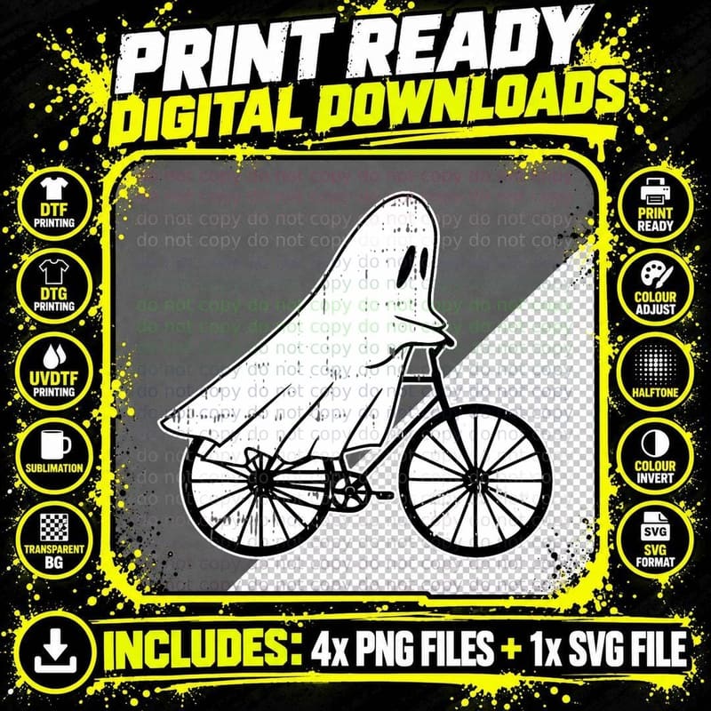 Ghost Riding Bicycle Halloween Costume Ghoul Biker Png SVG Digital Bundle