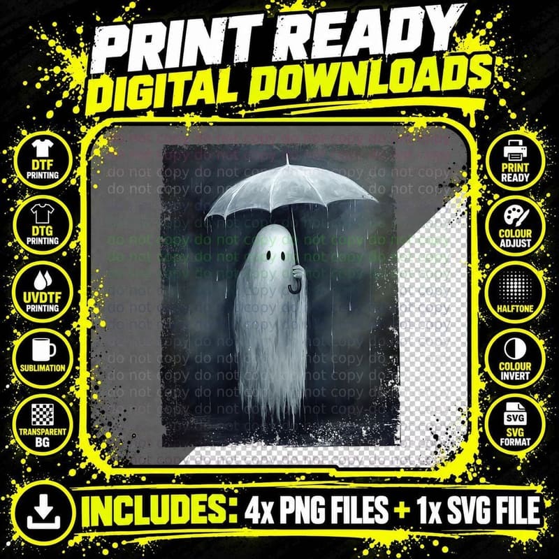 Ghost in the Rain Dark Academia Haunting Ghost Halloween Png SVG Digital Bundle