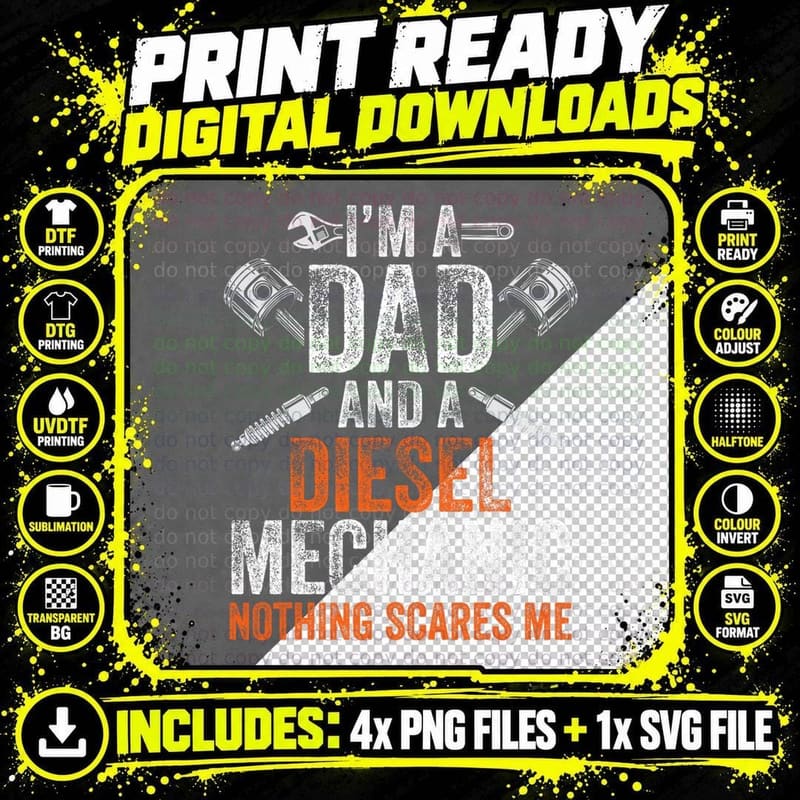Gift for Men Father's Day Halloween - Diesel Mechanic Png SVG Digital Bundle