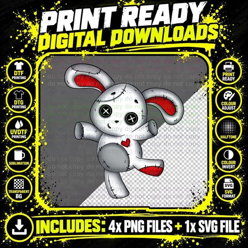 Goth Bunny Gothic Creepy Cute White Bunny Red Heart Png SVG Digital Bundle