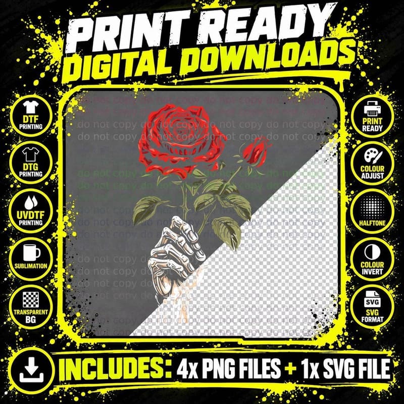 Goth Red Rose Flower - Floral Gothic Skeleton Hand Png SVG Digital Bundle