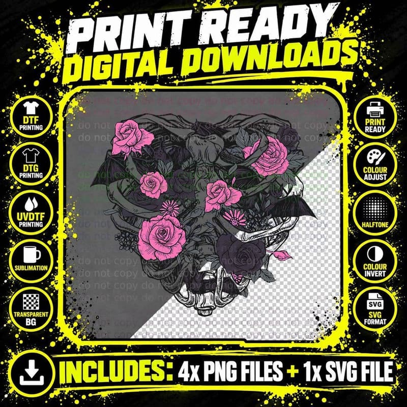 Goth Skeleton Roses Bats T-Shirt Png SVG Digital Bundle