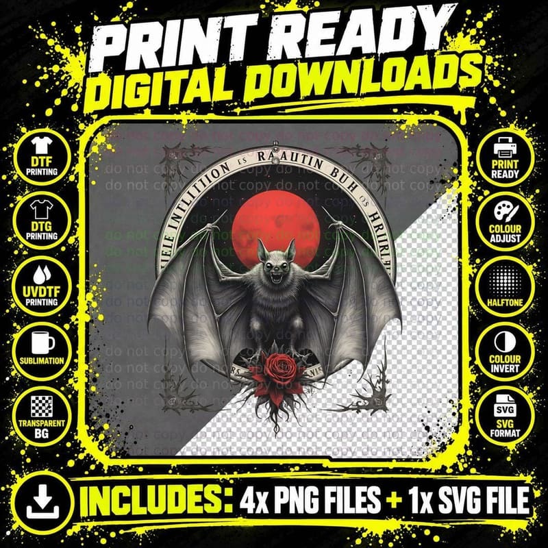 Gothic Bat with Red Moon & Rose, Dark Academia Spooky Png SVG Digital Bundle