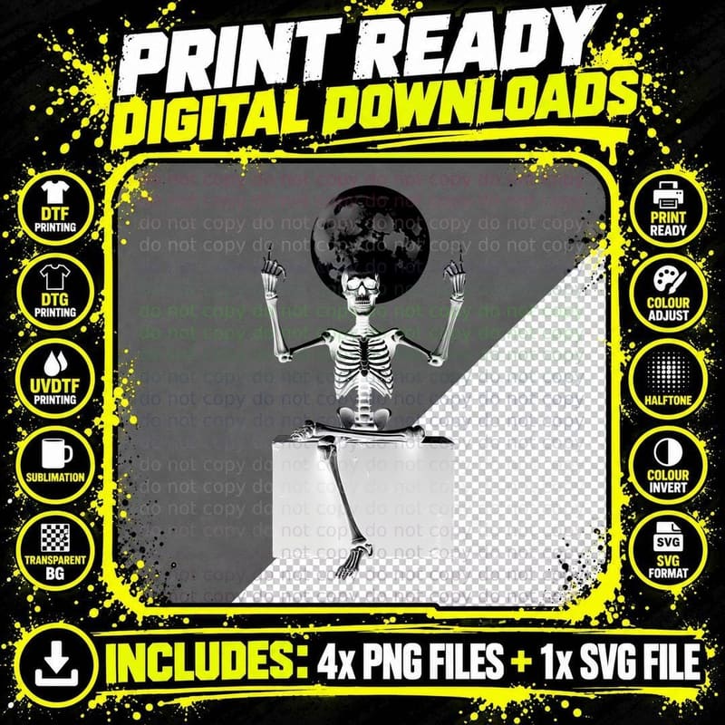 Gothic Skeleton Moon, Halloween Skull Rocker Graphic Png SVG Digital Bundle