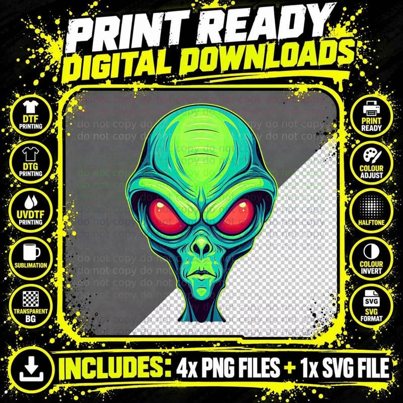 Green Alien Face UFO Halloween Costume Alien Head Png SVG Digital Bundle