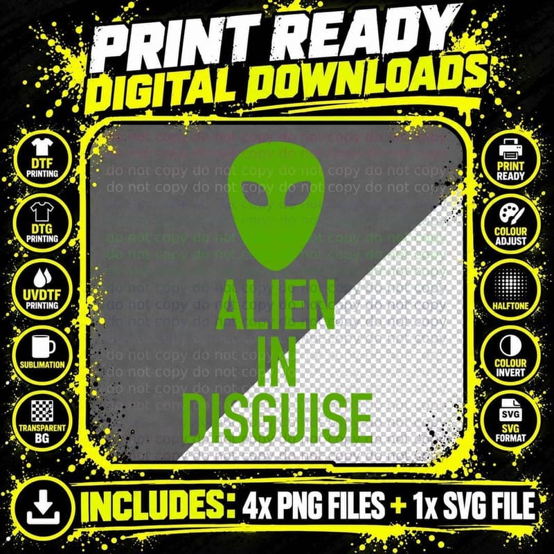 Green Alien Head Alien in Disguise Funny UFO Halloween Png SVG Digital Bundle