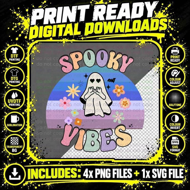 Groovy Ghost Spooky Vibes 60s 70s Retro Halloween T-Shirt Png SVG Digital Bundle