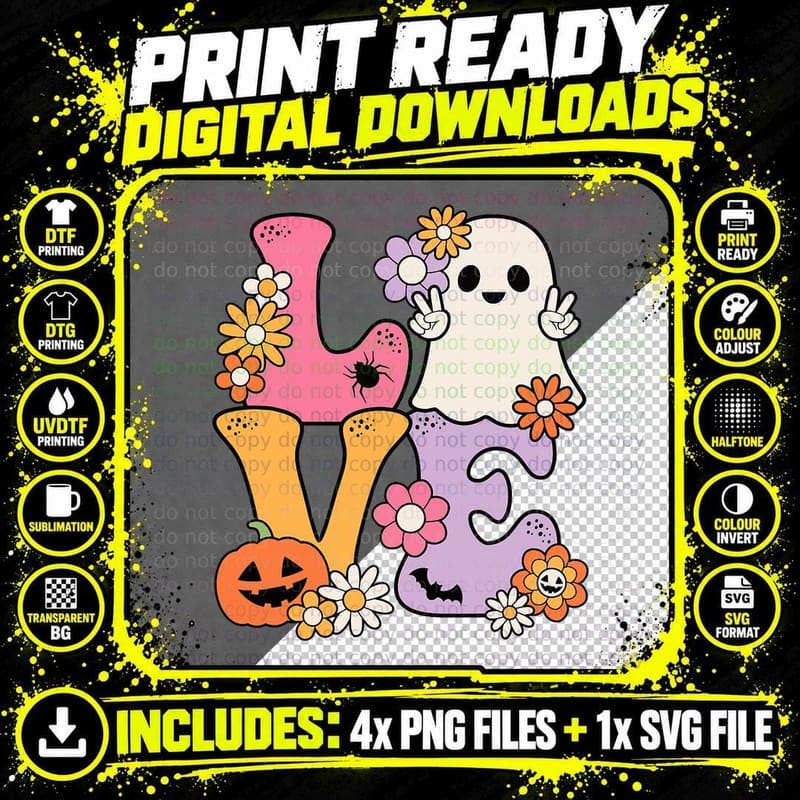 Groovy Halloween Love Costume Ghost Pumpkin T-Shirt Png SVG Digital Bundle