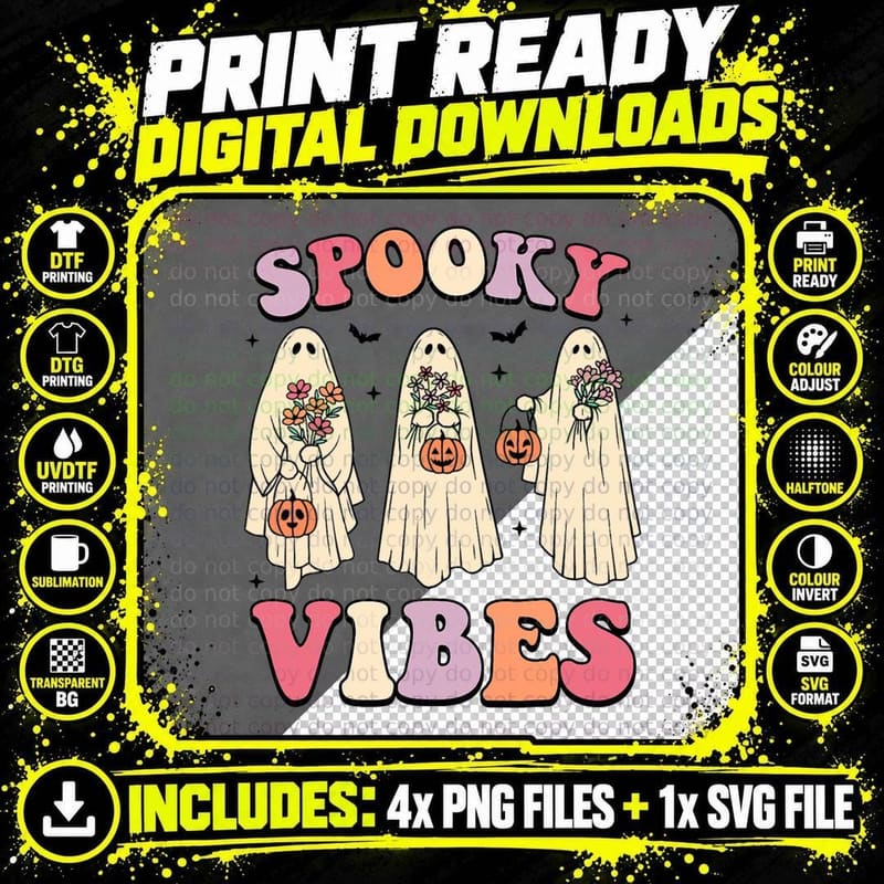 Groovy Halloween Spooky Vibes Retro Floral Ghost Costume Png SVG Digital Bundle