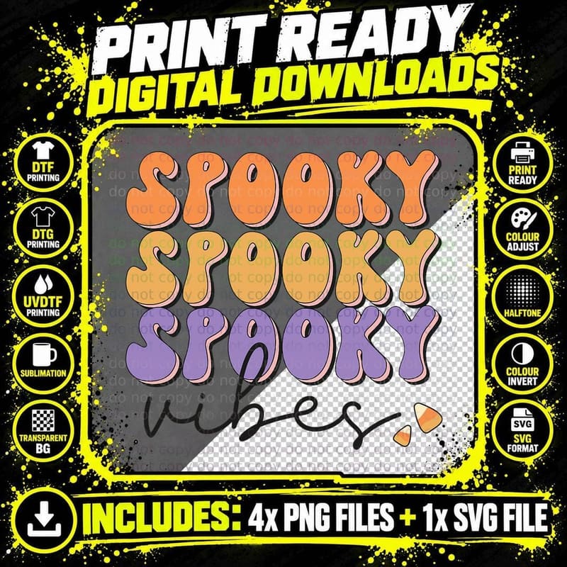 Groovy Halloween Spooky Vibes Retro Halloween Costume Png SVG Digital Bundle