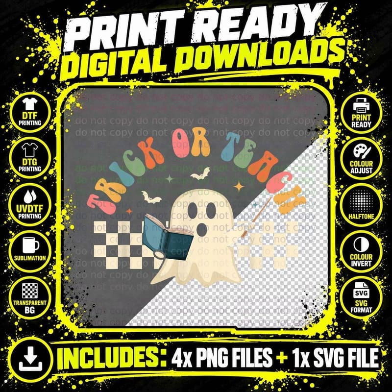 Groovy Halloween Trick or Teach Retro Floral Ghost Png SVG Digital Bundle