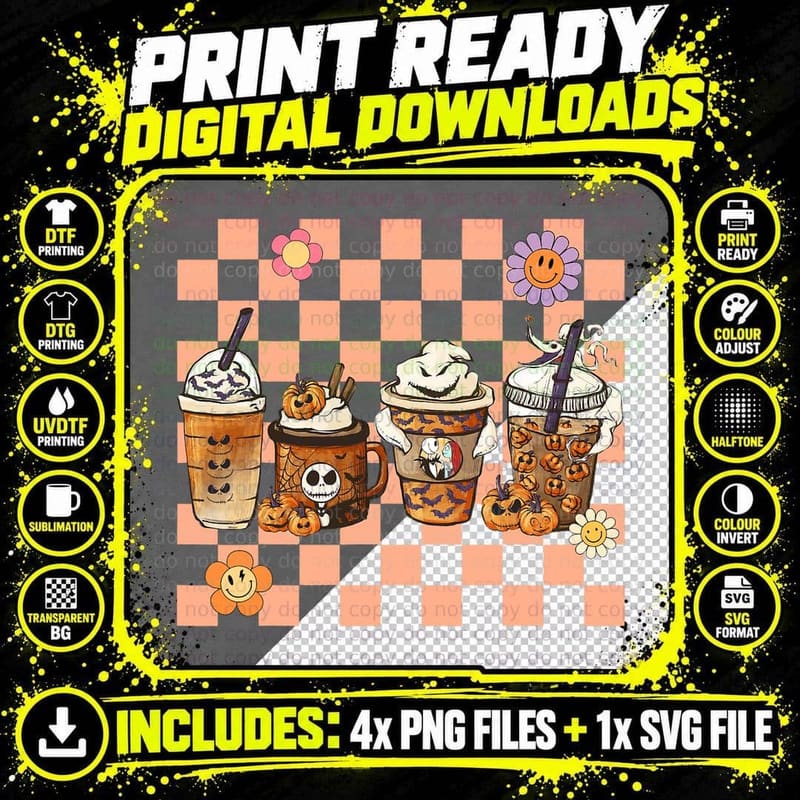 Groovy Hippie Horror Fall Movie Coffee Pumpkin Spice Png SVG Digital Bundle