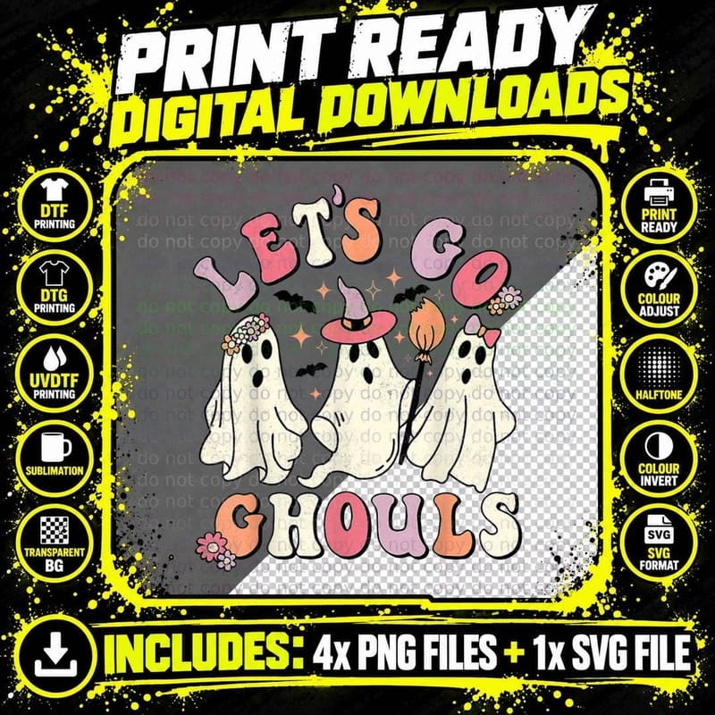 Groovy Lets Go Ghouls Halloween Ghost Out Costume T-Shirt Png SVG Digital Bundle