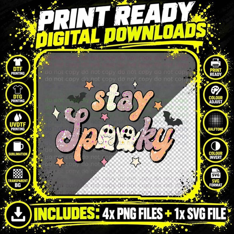 Groovy Stay Spooky Vibes Retro Floral Ghost Hippie Png SVG Digital Bundle