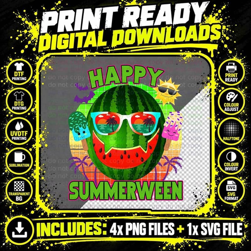 HAPPY Summerween Summer Watermelon Pumpkin Kawaii Ice Png SVG Digital Bundle