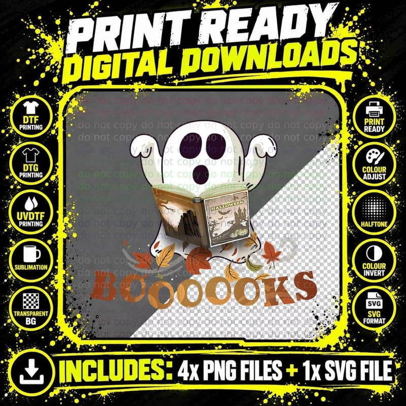 Halloween Books Cute Ghost Reading Library Boooooks Png SVG Digital Bundle