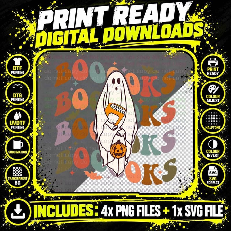 Halloween Booooks Cute Ghost Boo Reading Books Adults Png SVG Digital Bundle