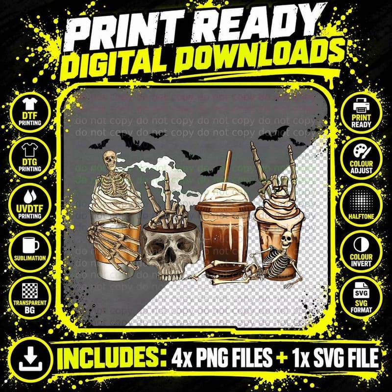 Halloween Coffee Drinks T-Shirt, Skeleton Drinking Png SVG Digital Bundle