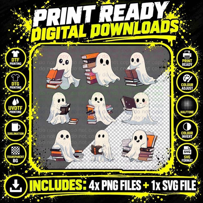 Halloween Cute Ghost Read More Books Spooky Boo Teacher Png SVG Digital Bundle