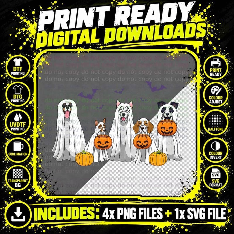Halloween Dogs Ghost Pumpkins Spooky Dog Lover Gift Png SVG Digital Bundle
