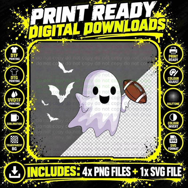 Halloween Football Ghost Playing All Hallows' Day T-Shirt Png SVG Digital Bundle