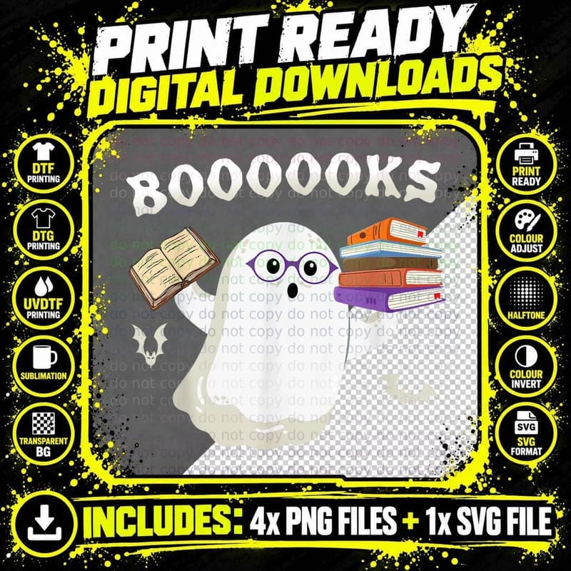 Halloween Ghost Reading Books Teacher Librarian Png SVG Digital Bundle