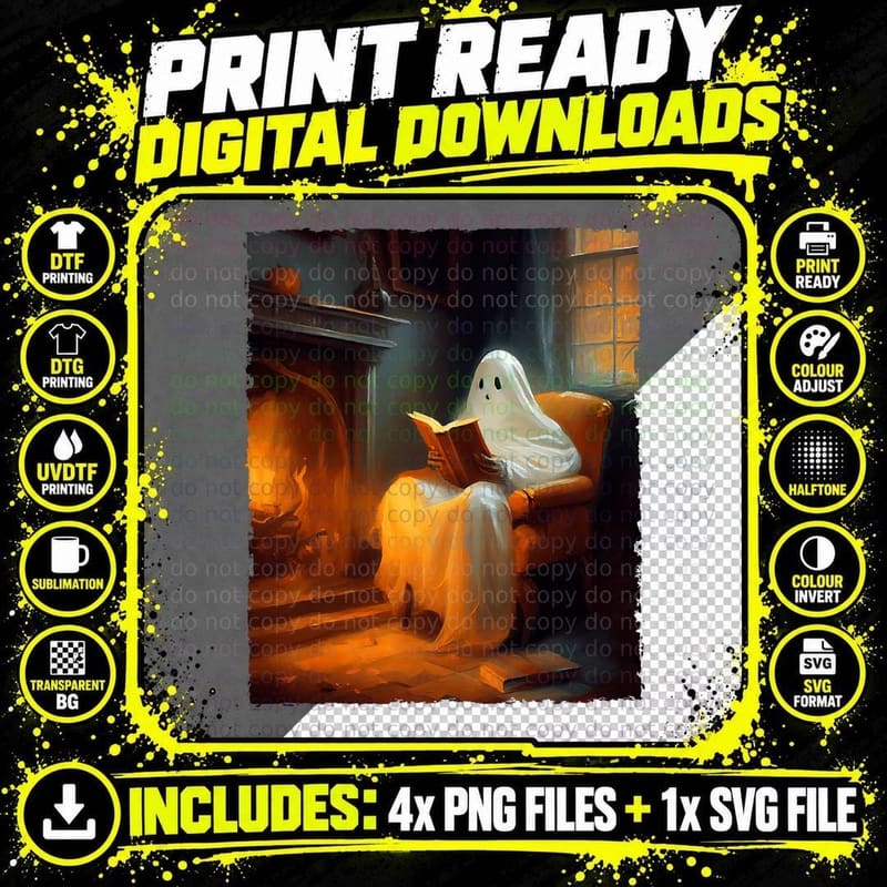 Halloween Ghost Sitting on Sofa Reading Book Lover Png SVG Digital Bundle