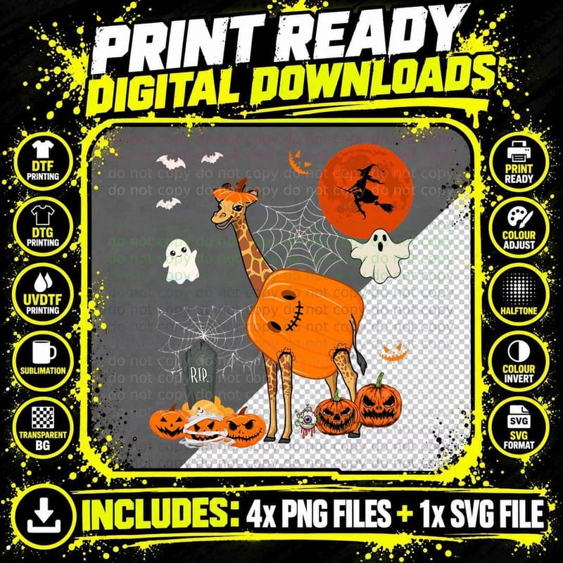 Halloween Giraffe Costume Horror Pumpkin Boo Ghost Lover Png SVG Digital Bundle