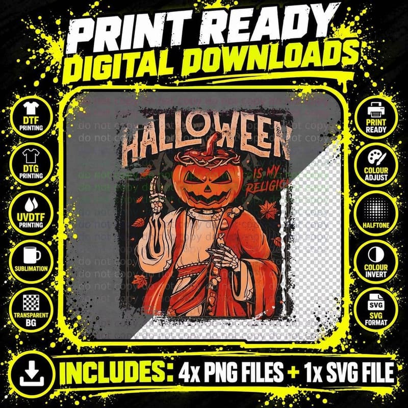 Halloween Is My Religion Pumpkin T-Shirt Png SVG Digital Bundle