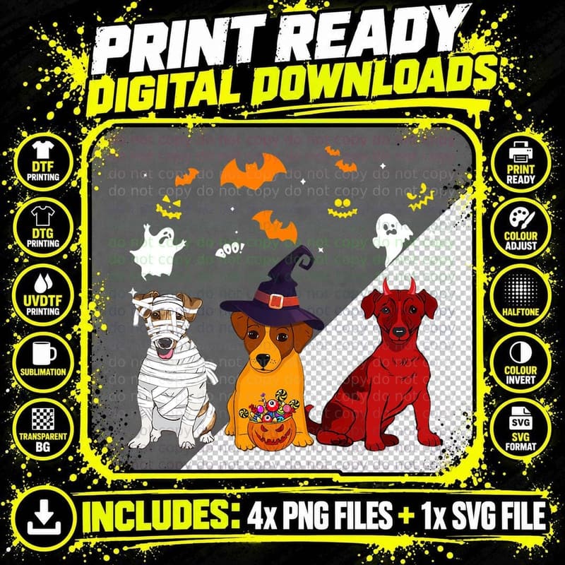 Halloween Jack Russell Dogs Lovers Mummy Witch Demon Png SVG Digital Bundle