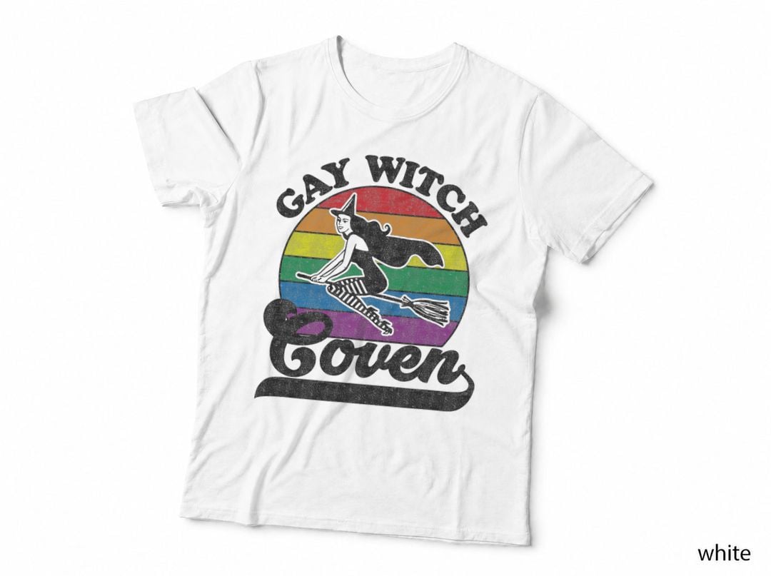 Halloween Lesbian Witch on a Broom Gay Witch Coven T-Shirt