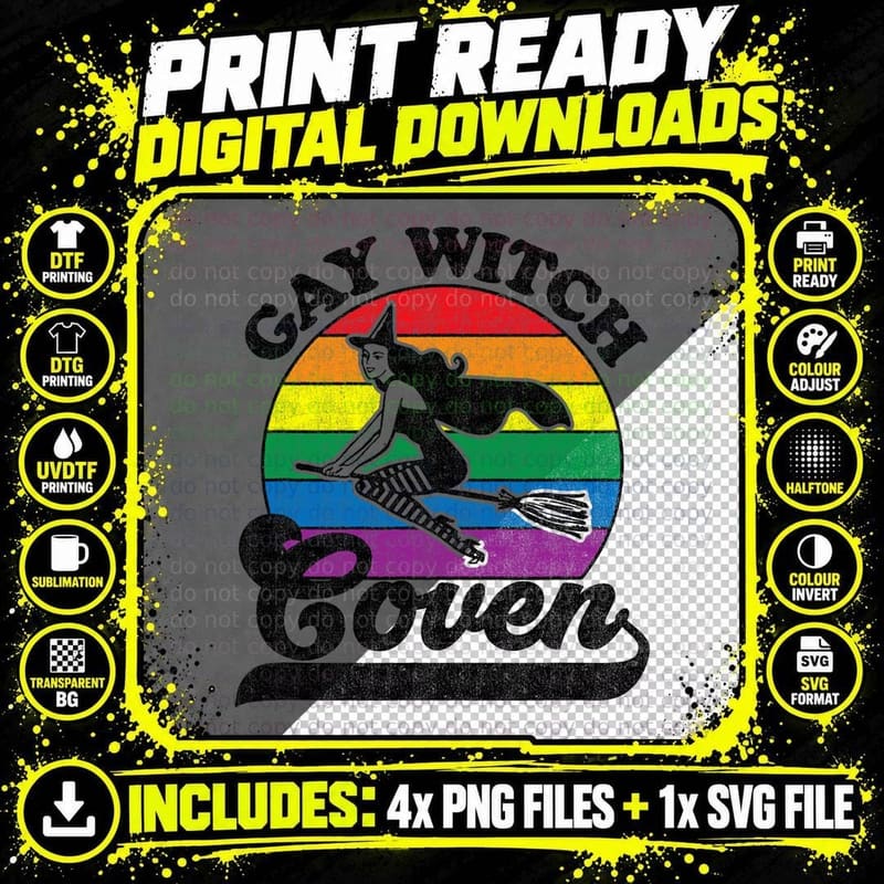 Halloween Lesbian Witch on a Broom Gay Witch Coven Png SVG Digital Bundle