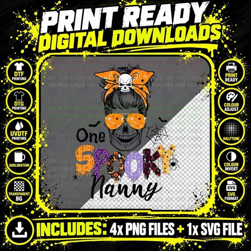 Halloween One Spooky Nanny Messy Bun Skull Spider Bat Png SVG Digital Bundle