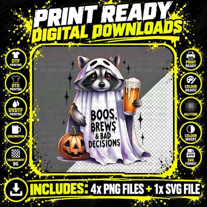 Halloween Racoon, Boos Brews and Bad Decisions, Funny Png SVG Digital Bundle