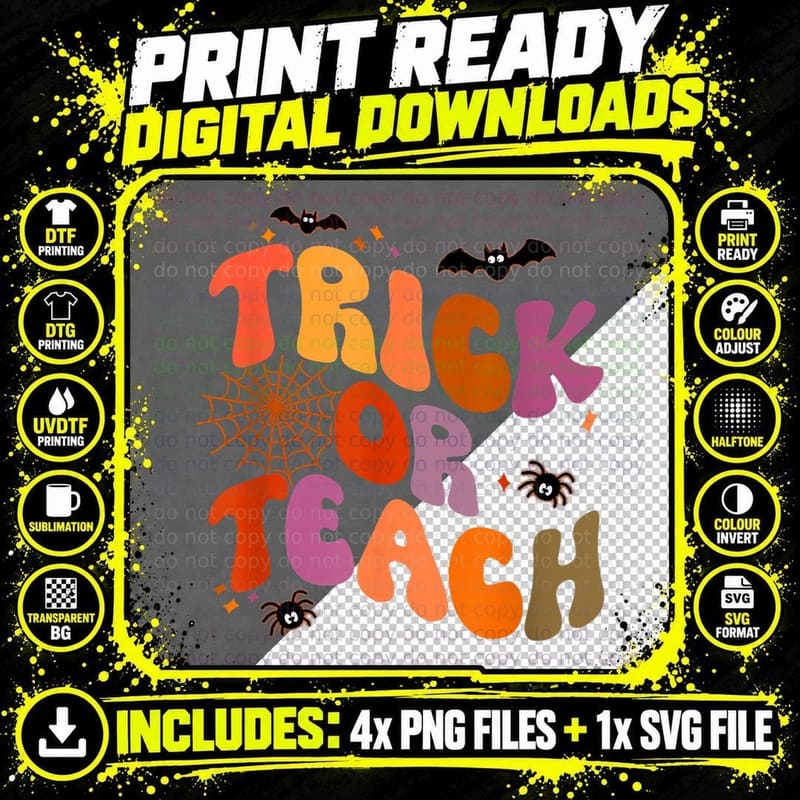 Halloween Retro Vintage Ghost Trick or Teach Funny Png SVG Digital Bundle