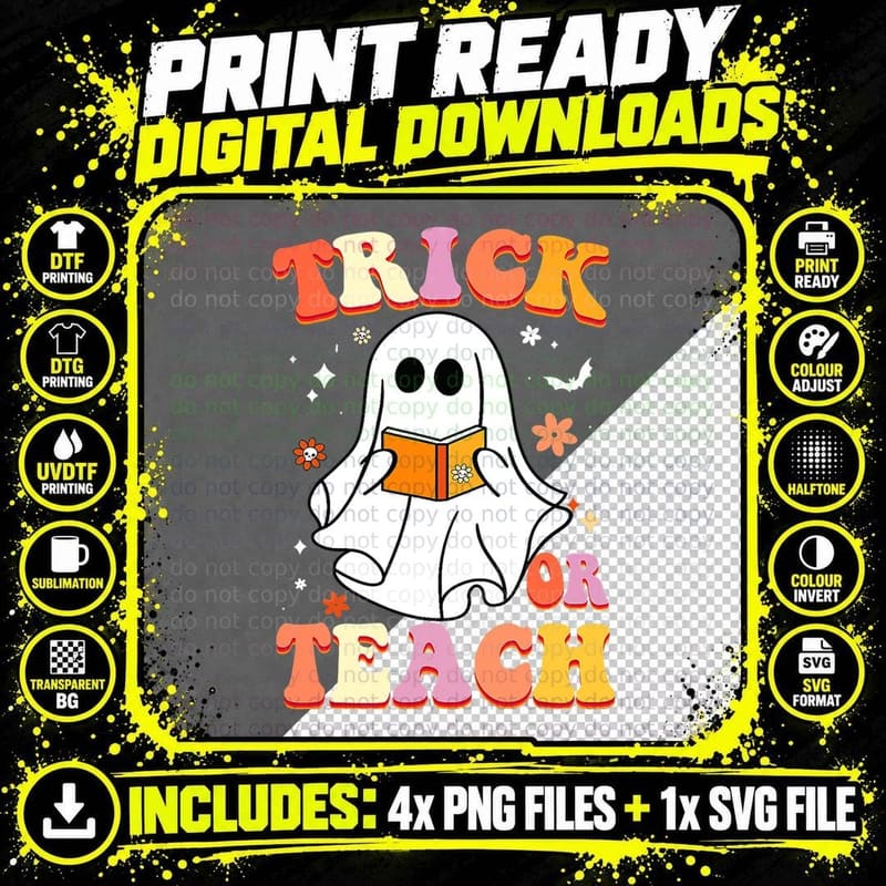 Halloween Retro Vintage Groovy Trick or Teach Retro Png SVG Digital Bundle