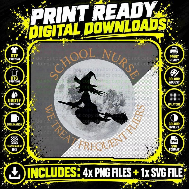 Halloween School Nurse Frequent Fliers Witch Nursing RN Png SVG Digital Bundle