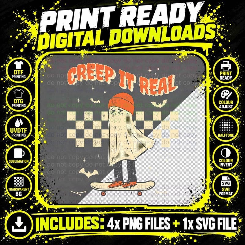 Halloween Skateboard Character T-Shirt, Creep It Real Tee Png SVG Digital Bundle