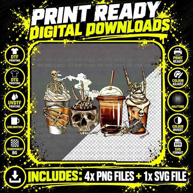 Halloween Skeleton Hand Retro Coffee Halloween Costume Png SVG Digital Bundle