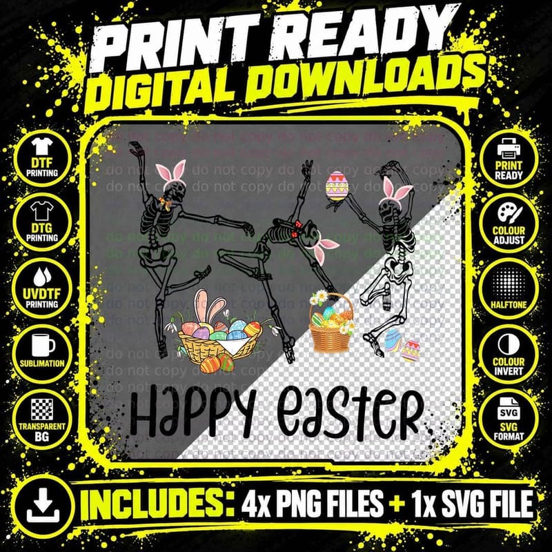 Happy Easter Skeleton Dancing Skull Goth Easter Egg Png SVG Digital Bundle