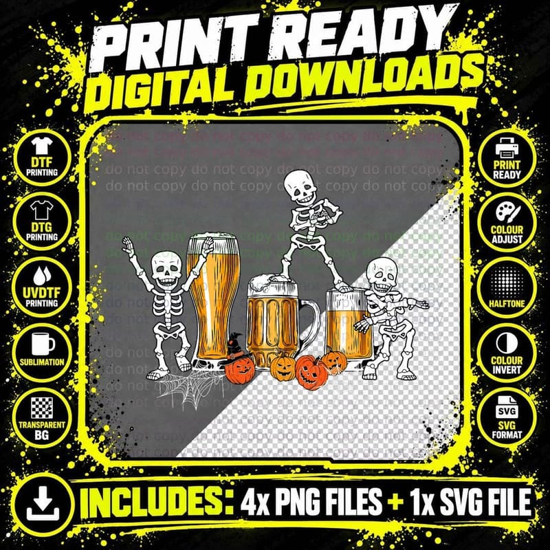 Happy Halloween Funny Skeleton Drinking Beer T-Shirt Png SVG Digital Bundle