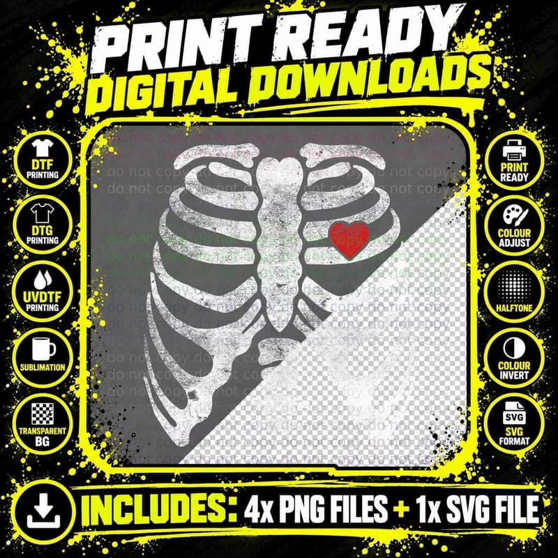 Heart Rib Cage X-Ray Adult Kids Funny Halloween Skeleton Png SVG Digital Bundle