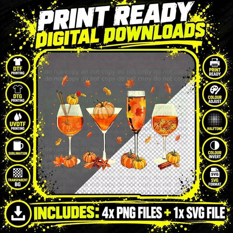 Hello Fall Autumn Leaves Pumpkin Wine Glasses Drinking Png SVG Digital Bundle