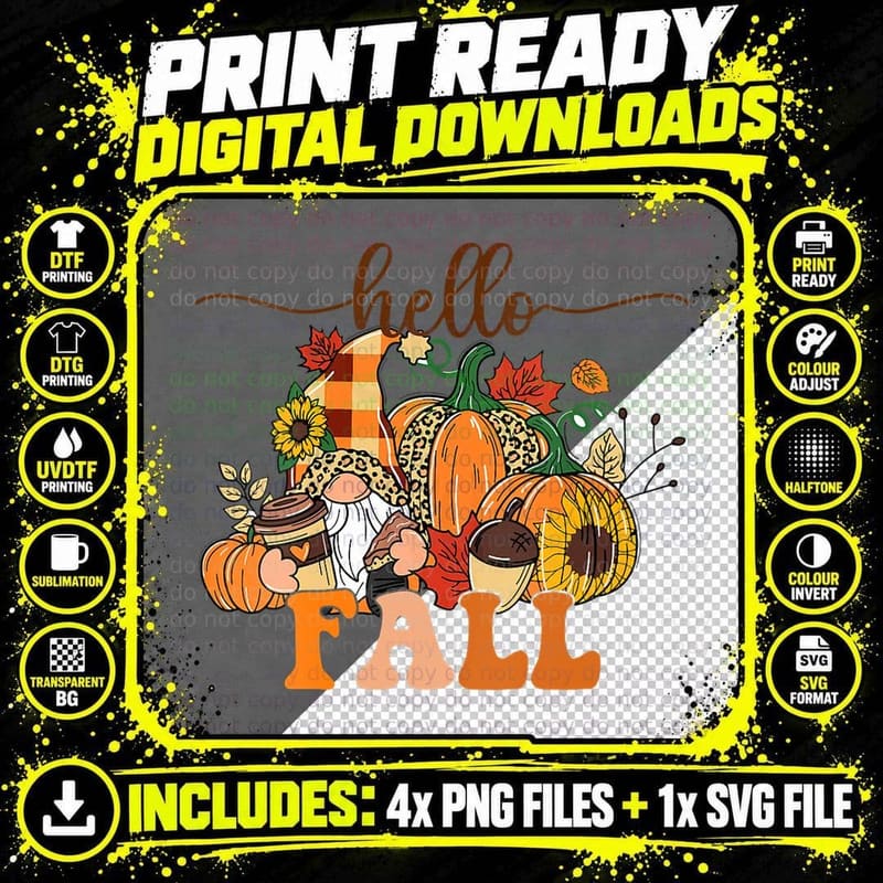Hello Fall Gnomes Pumpkin Leopard Autumn for Men Women Png SVG Digital Bundle