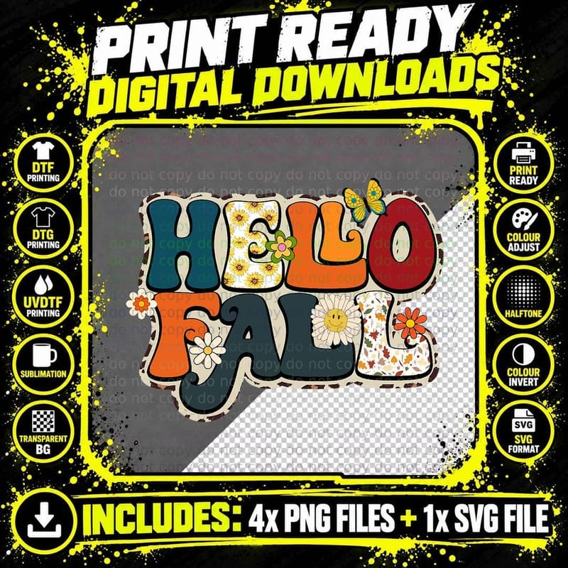 Hello Fall Retro Groovy Pumpkin Season Leopard Autumn Png SVG Digital Bundle