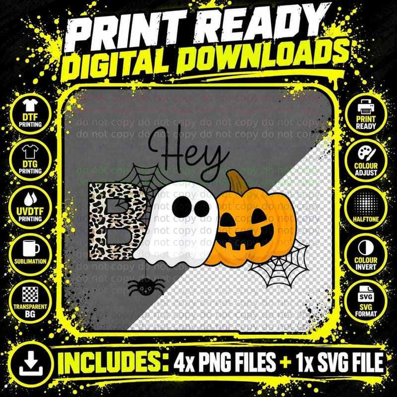 Hey Boo Halloween Cute Ghost Leopard Pumpkin Teachers Png SVG Digital Bundle