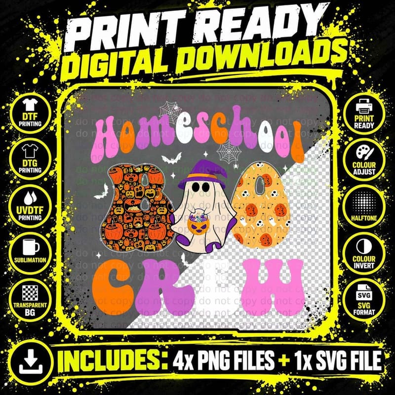 Homeschool Boo Crew Funny Halloween Pumpkin Ghost Spider Png SVG Digital Bundle