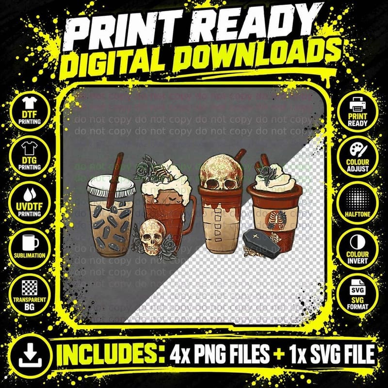 Horror Fall Coffee Pumpkin Spice Latte Iced Halloween Png SVG Digital Bundle
