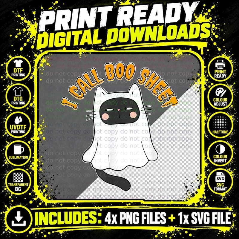 I Call Boo Sheet Black Cat Halloween Ghost Funny Pun Png SVG Digital Bundle