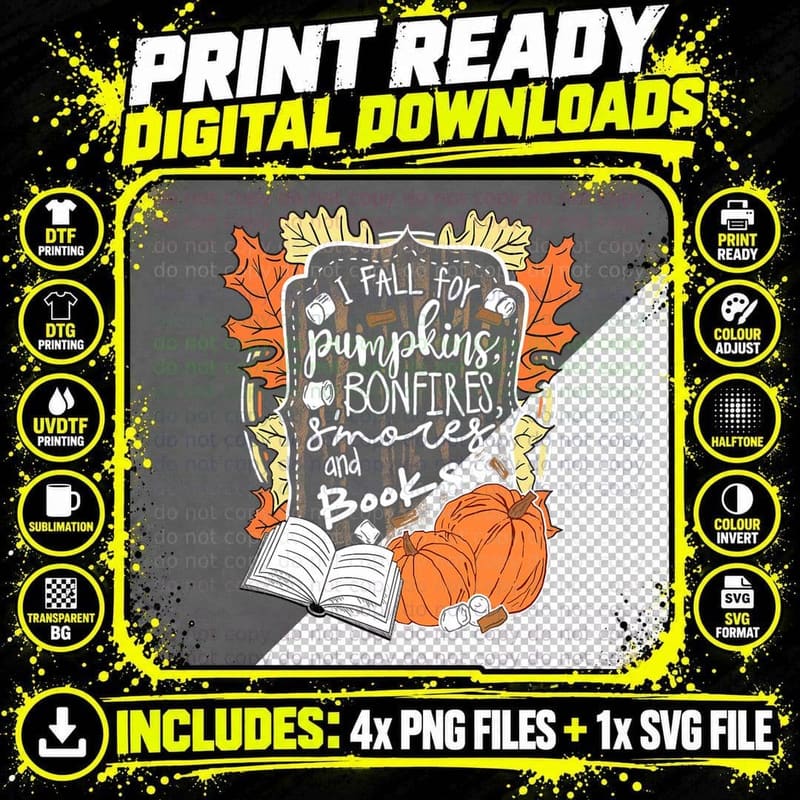 I Fall for Pumpkins Bonfires S'mores Books Halloween Png SVG Digital Bundle